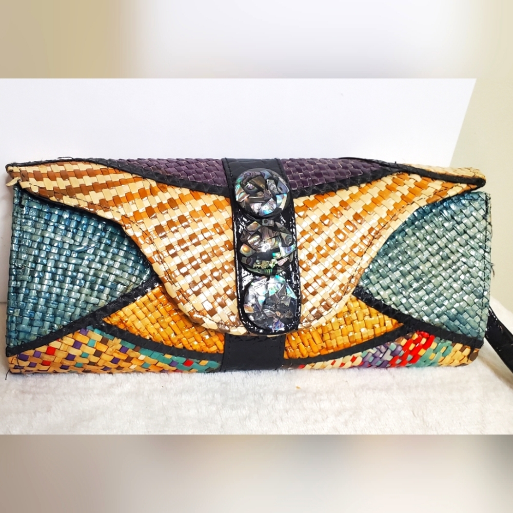 Vintage Colorful Straw Clutch with Abalone Shell Button Accents Wrist Strap